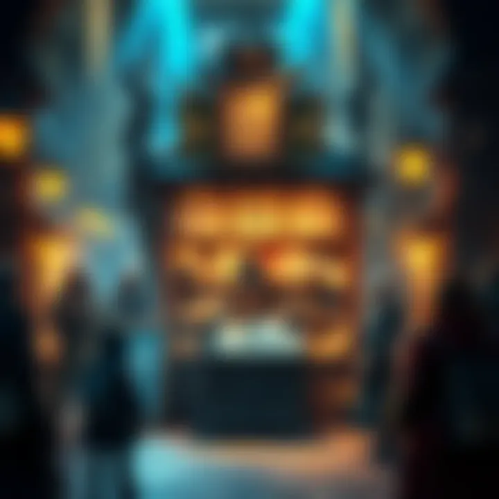 A fantasy merchant displaying various blueprints in a vibrant marketplace, surrounded by excited players searching for new gear each week.