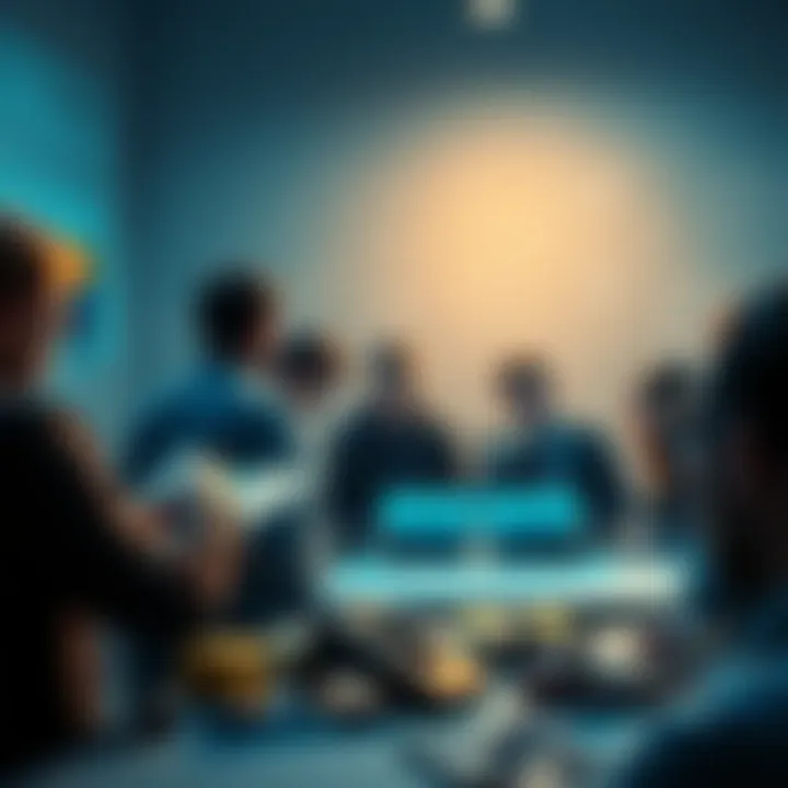 Blueprints and Frustration A group of people discussing strategies to unlock blueprints, looking frustrated but hopeful, surrounded by blueprint designs and tools.