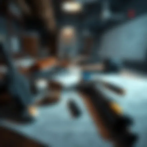 A detailed view of blueprints and tools used for weapon repairs on a table