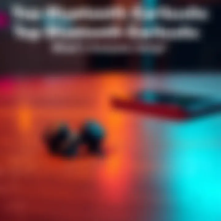 A pair of wireless Bluetooth earbuds resting on a wooden table with a smartphone nearby