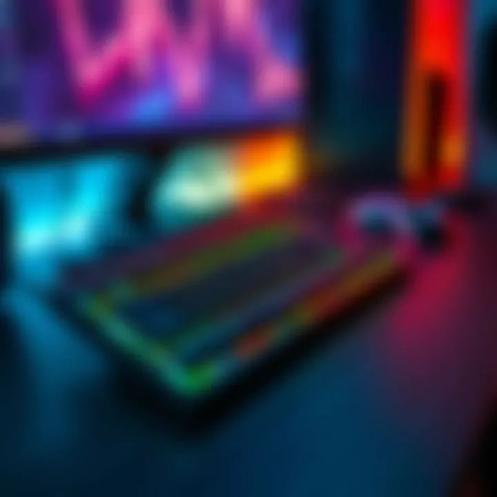 A Bluetooth keyboard designed for gamers, with RGB lighting and a sleek design, positioned on a gaming desk with a mouse and monitor in the background.