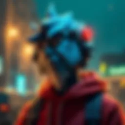 Artistic representation of Bluexephos, a character known for their vibrant presence in the Yogscast, set against a backdrop of uncertainty and fan speculation.