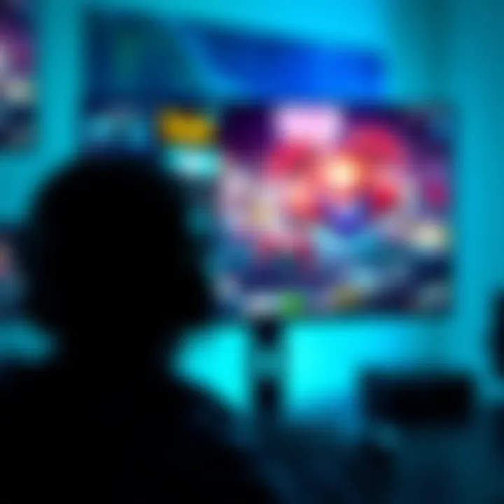 A close-up of a gaming monitor displaying blurry visuals in a game, with a person looking frustrated in front of it.