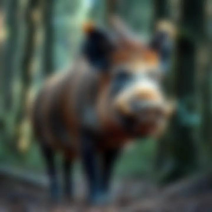 A wild boar standing in a forest, showcasing its rugged features and curious demeanor.