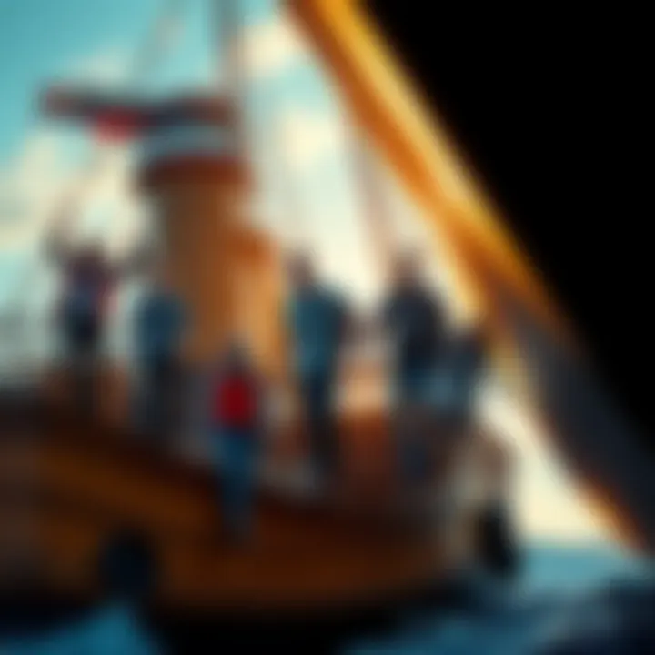 A group of diverse people climbing aboard a large ship, preparing for a journey towards success in a challenging environment.