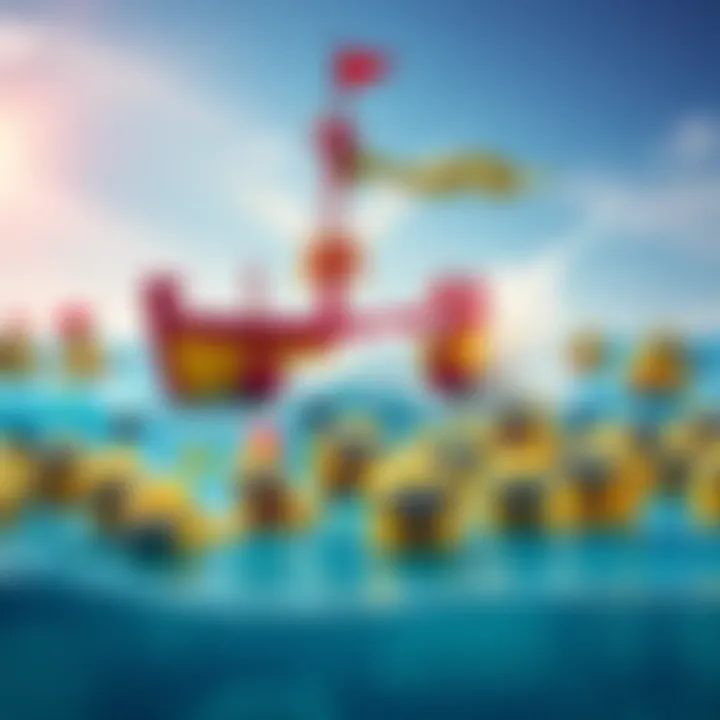 A colorful boat splashing into a pool filled with cheerful minions, showing excitement and joy.