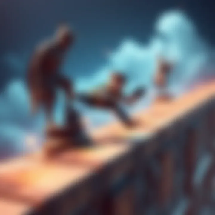 Bob humorously gliding over a ledge near a statue in his game