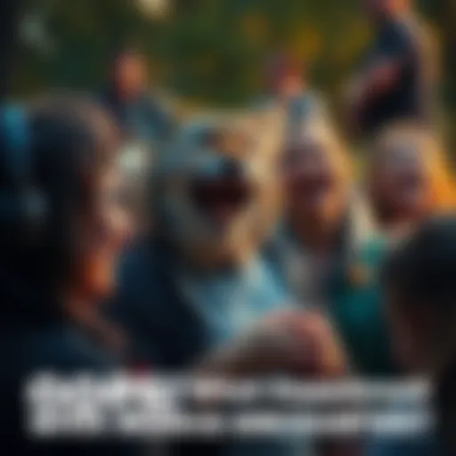 A person laughing while recounting a funny story about a bobcat encounter, surrounded by people enjoying the moment.