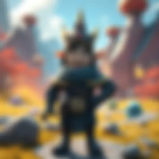 Boc stands cheerfully with a friendly smile in a fantasy landscape, showcasing his unique design and charm, surrounded by elements from FromSoft games.