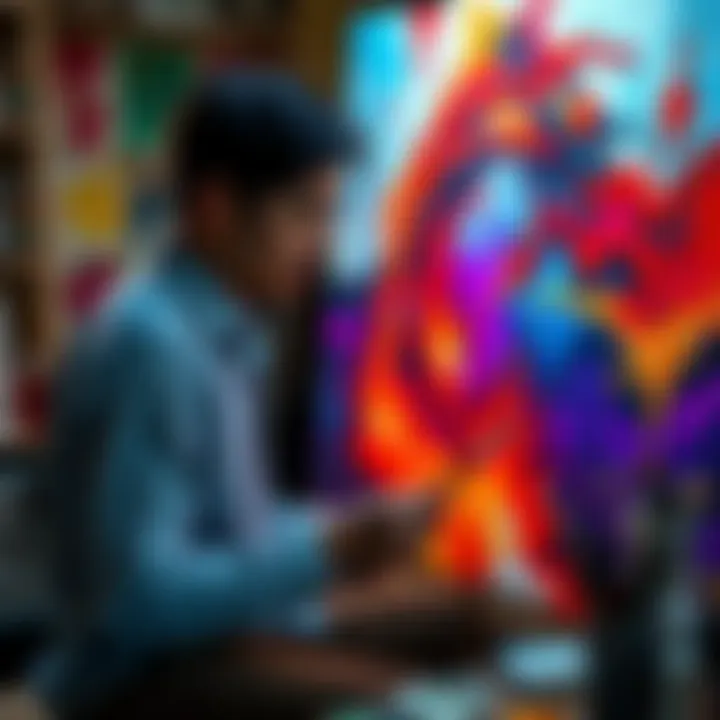 Bocajrofstra Creating Artwork An artist named Bocajrofstra focused on creating an artwork inspired by the video essay on Signalis, surrounded by paints and brushes.