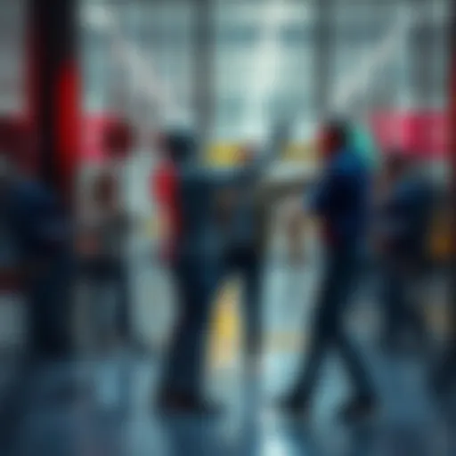 A person attempting to body block a robot at a gate, with surprised bystanders laughing in the background