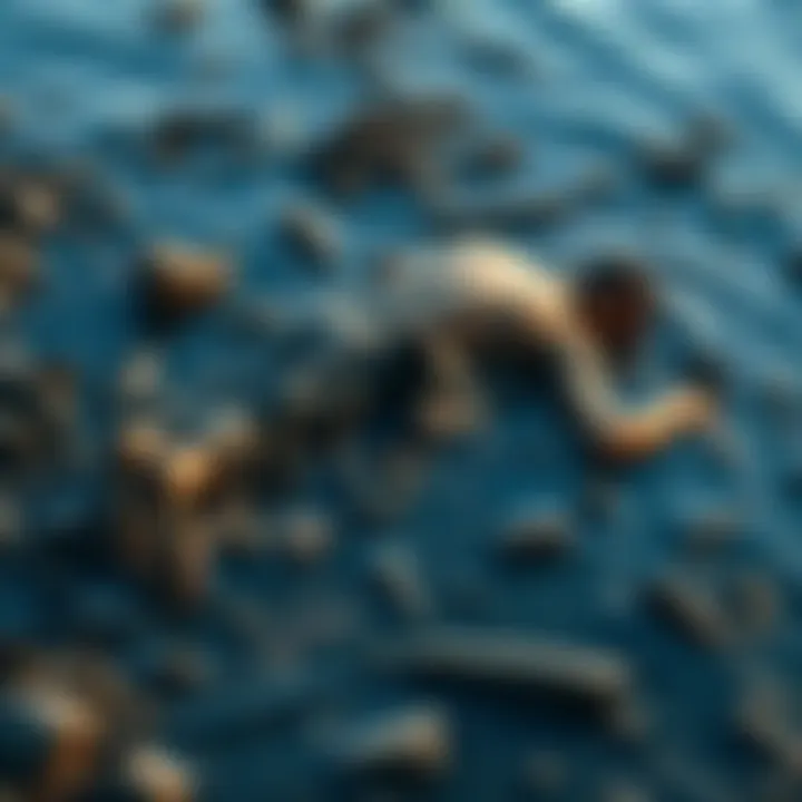 A lifeless body lying on a riverbed, surrounded by water and debris, prompting investigation.