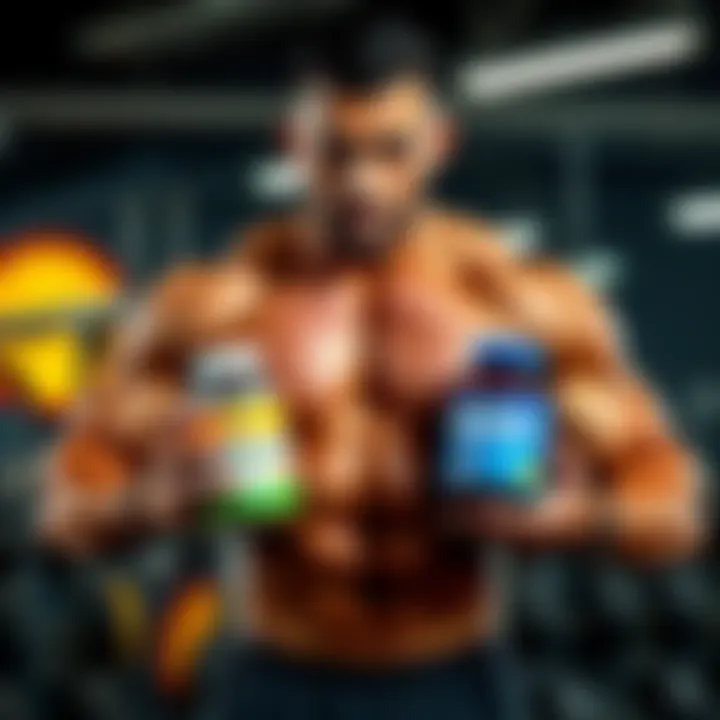 Bodybuilder Comparing Supplements A bodybuilder stands in a gym holding two containers, one labeled 'Natural' and the other 'Steroids', illustrating the debate in fitness culture.