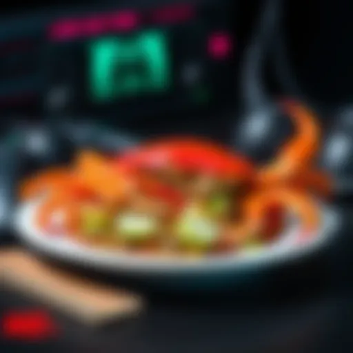 A plate of boiled crab sitting next to gaming equipment, representing a popular consumable choice in gaming.