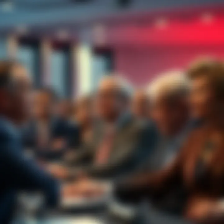 A diverse group of political leaders making bold decisions at a conference, showcasing their fearless approach to governance.