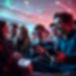 A group of people laughing and reacting to bold statements on their devices in a lively online discussion