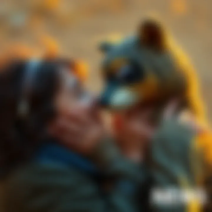 A person lovingly interacting with a Greckles, showcasing a strong emotional connection, with warm colors to emphasize the affection.