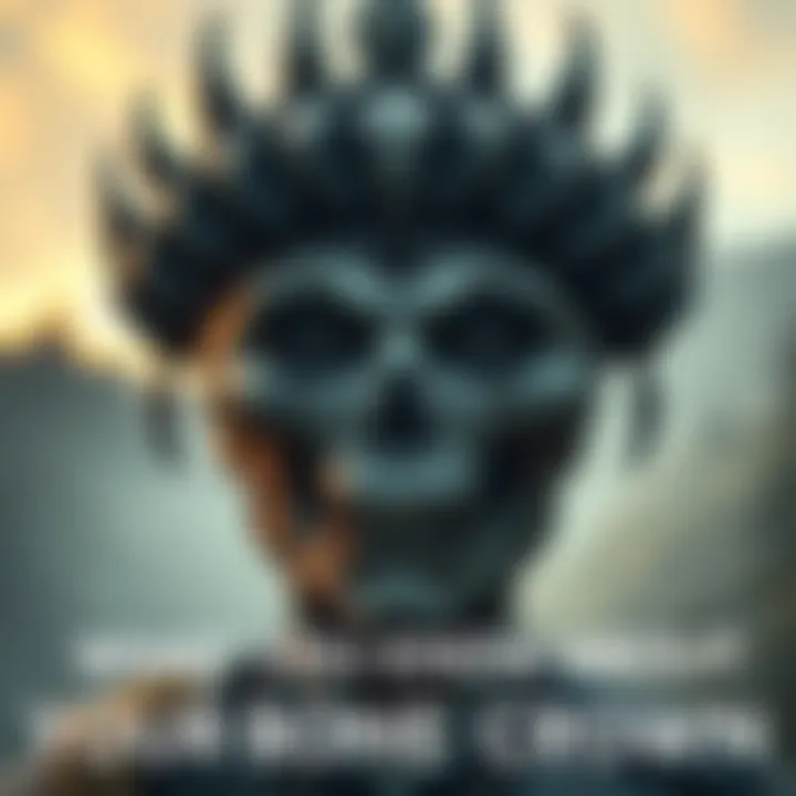 Character showcasing a bone crown with a haunting expression, surrounded by eerie mist