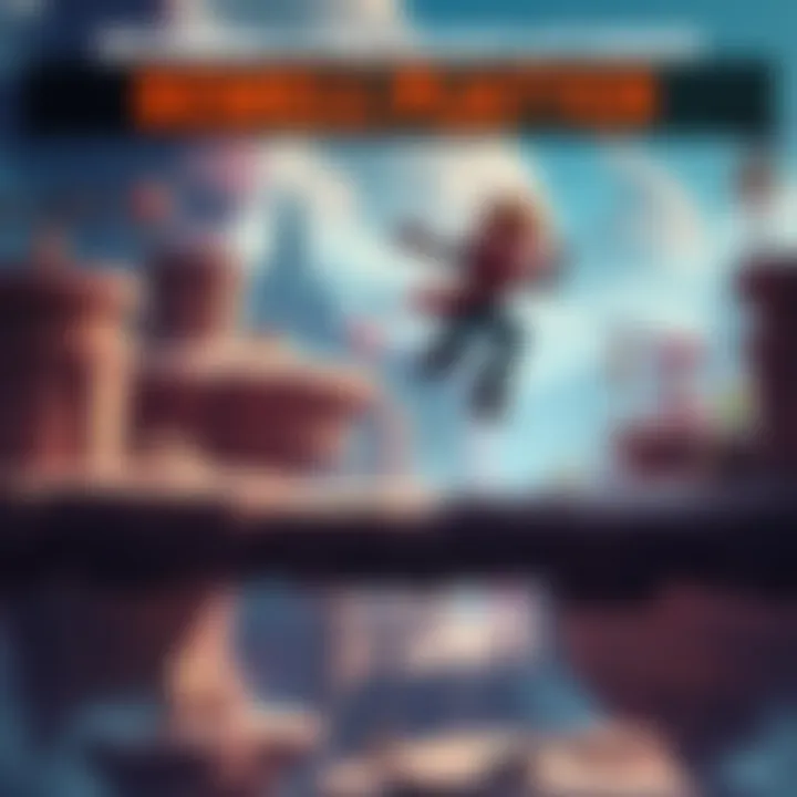 A character leaps between platforms in a vibrant game world with various obstacles and scenic backgrounds.