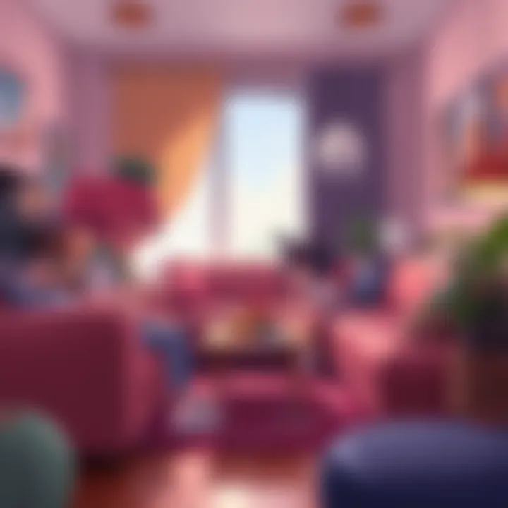 A cozy living room scene featuring Bonnie, Emiru, and Cinna interacting playfully, showcasing their new roommate dynamic.