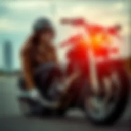 Bonnie kneels beside her motorcycle after a fall, trying to lift it back up, looking frustrated