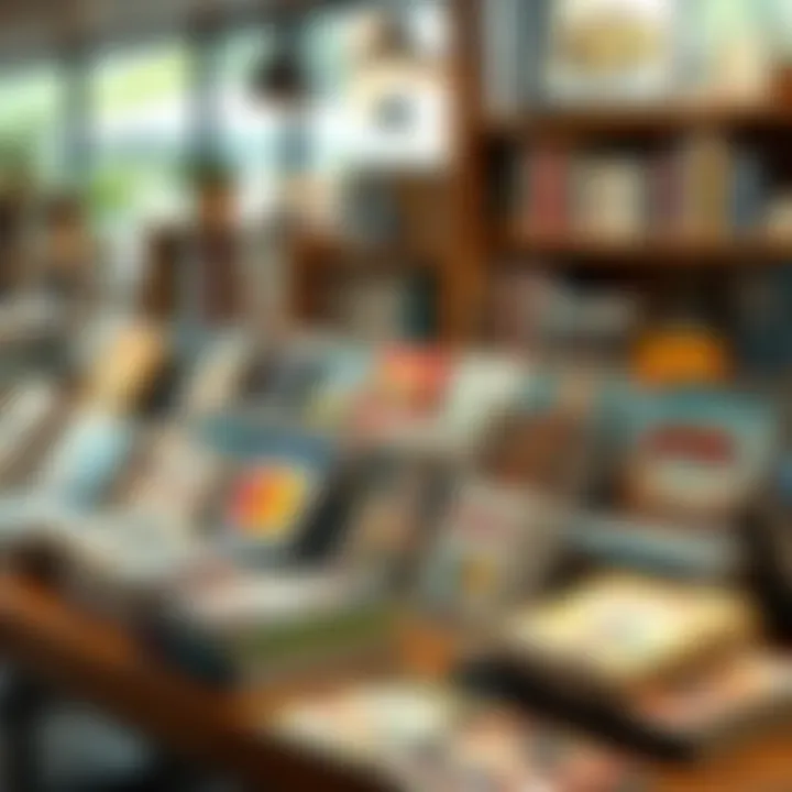 Book Bundles Display A colorful display of various book bundles including manga and artbooks on a wooden table