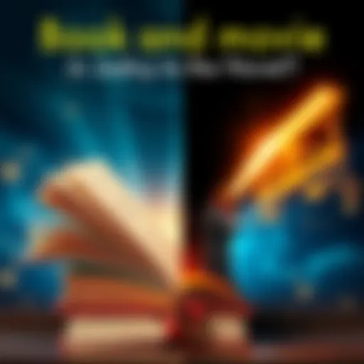 A side-by-side image of a popular novel and its movie poster, showing the differences in style and theme.