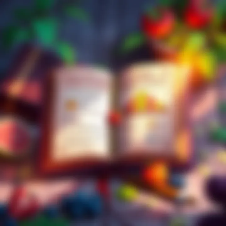 A colorful illustration of the Book of Hours opened to a page about Numa, showing skill breakdown and universal memories, with fruit-picking actions depicted.