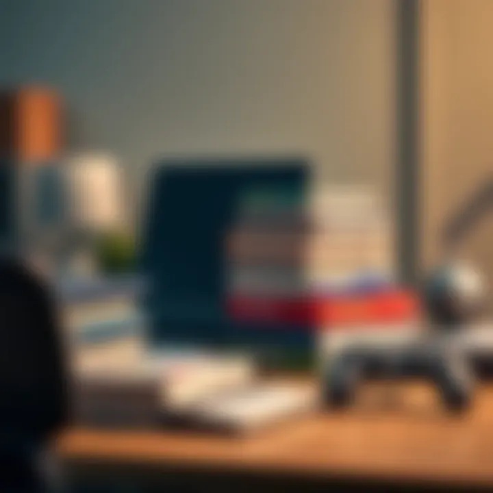 A stack of books about video games with a laptop and game controller on a desk