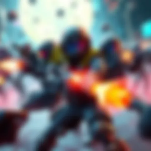 Players battling in a vibrant game world with futuristic weapons and teamwork