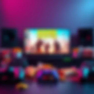 A console with a multiplayer boomer shooter game displayed on screen, surrounded by game controllers and snacks, showcasing a fun gaming setup.