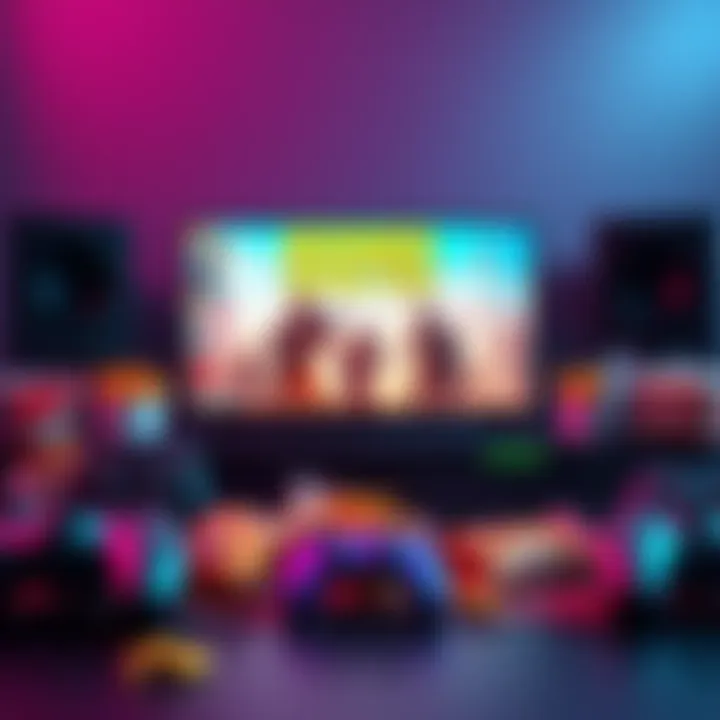 A console with a multiplayer boomer shooter game displayed on screen, surrounded by game controllers and snacks, showcasing a fun gaming setup.