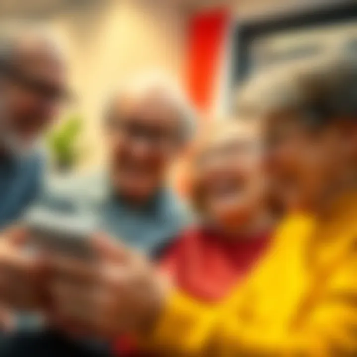 A group of older adults reacting joyfully while looking at a phone, sharing a funny reply from Claude on social media.