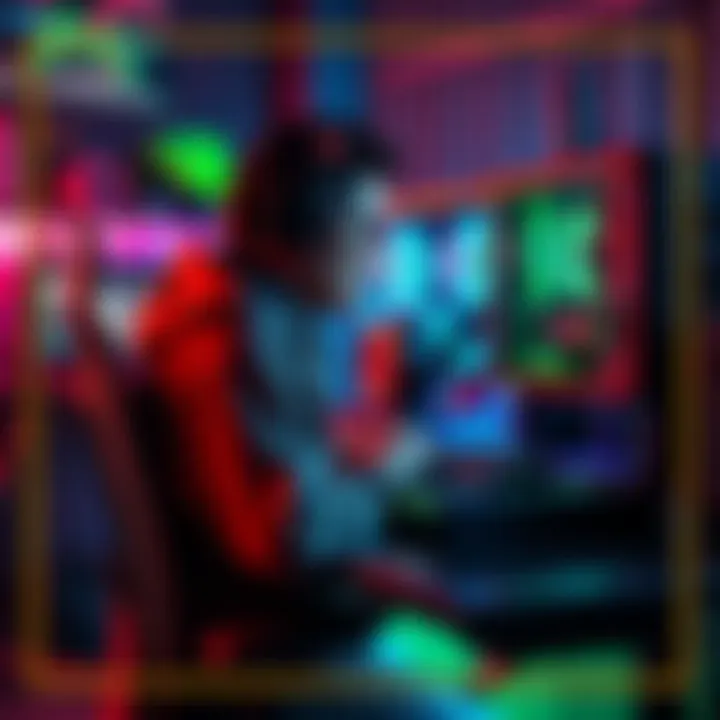 A gamer sitting at a desk with a powerful gaming setup, showcasing smooth gameplay with high frame rates on the screen.