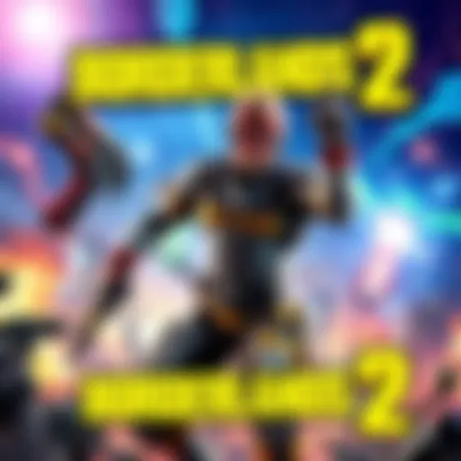 A promotional image for Borderlands 2 featuring vibrant graphics and action scenes