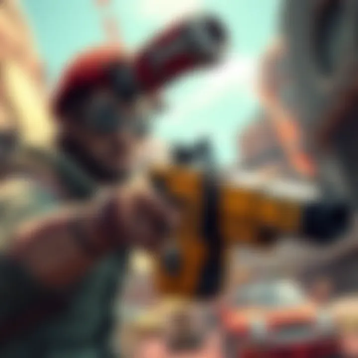 Borderlands 3 weapon action A character from Borderlands 3 aiming an unexpected weapon in a colorful game environment