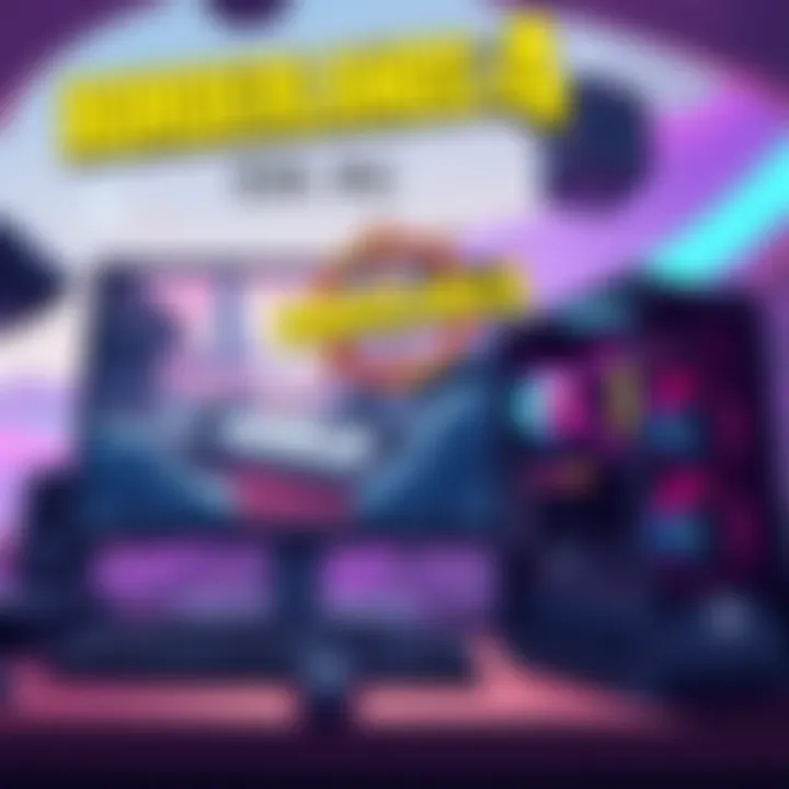 An illustration showing a gaming setup with a high-end monitor displaying Borderlands 4 gameplay alongside a powerful PC with a 5060 GPU and 32GB RAM.