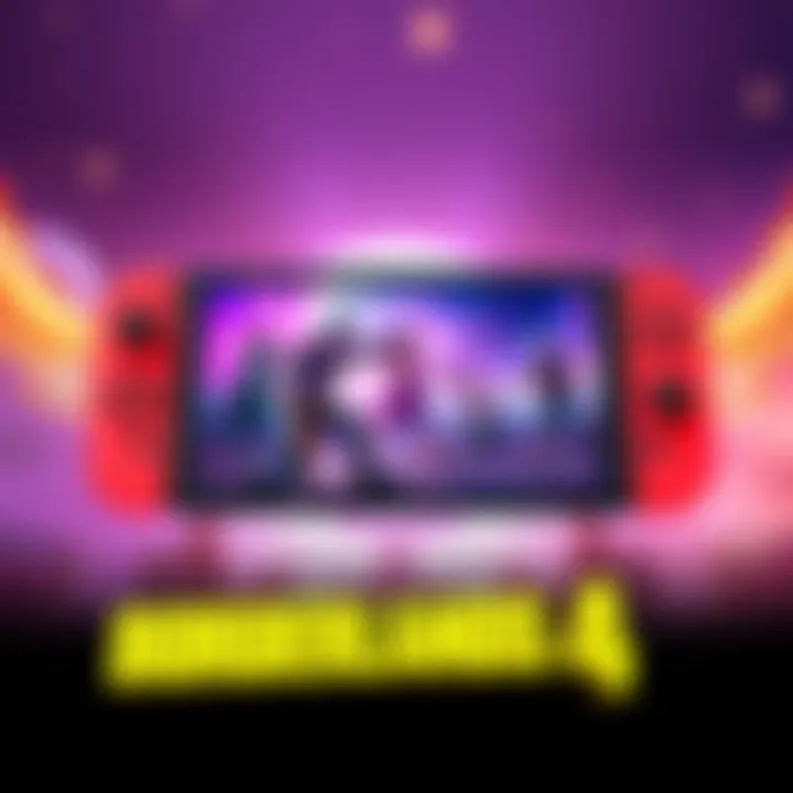 Artwork showing Borderlands 4 gameplay on a Switch 2 console, highlighting 30 FPS performance with vibrant colors and characters from the game