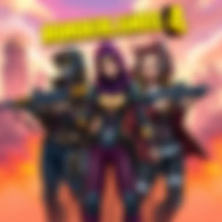 A group of diverse characters from Borderlands, showcasing Zero, Gaige, Fl4k, and Amara with vibrant backgrounds and weapons ready for action.