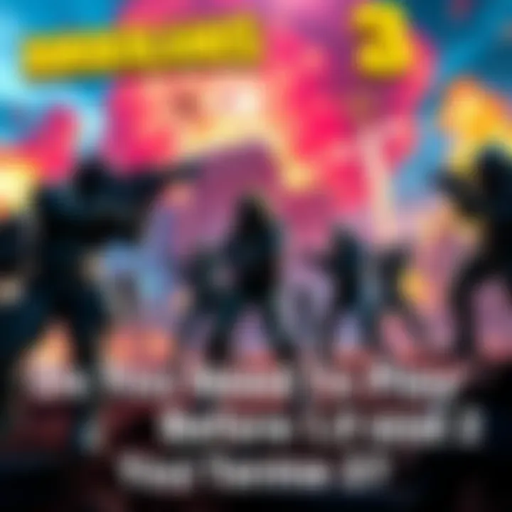 A lively scene from Borderlands 3 showing characters in action with colorful graphics and explosions.