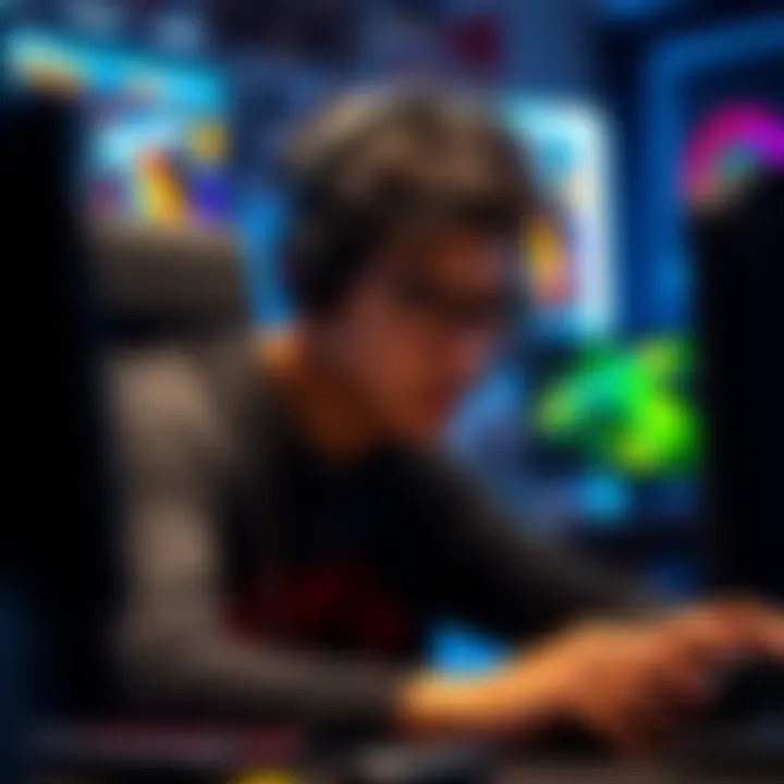 A player looking bored at their gaming setup, contemplating whether to continue playing a repetitive game.