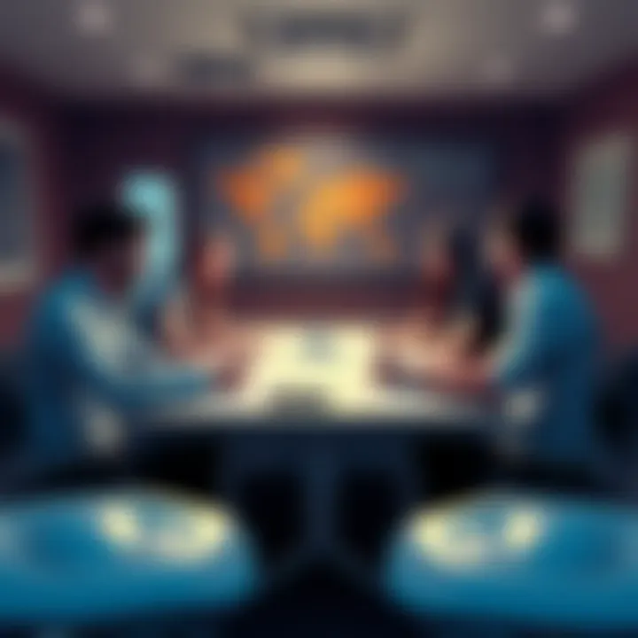 A group of game developers discussing new ideas in a creative meeting space at Ubisoft, with sketches and notes visible on the table.