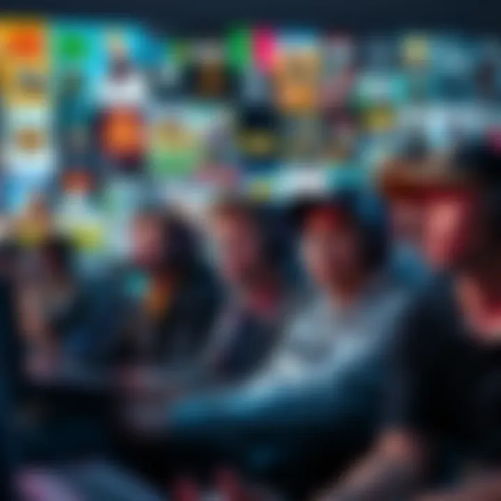 A group of gamers looking bored while playing video games, showcasing a variety of game covers in the background.