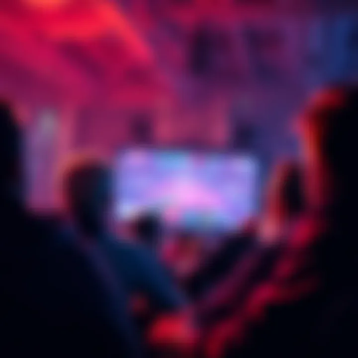 A crowd of fans looking bored while watching a pro gaming match on screen with players showing minimal excitement