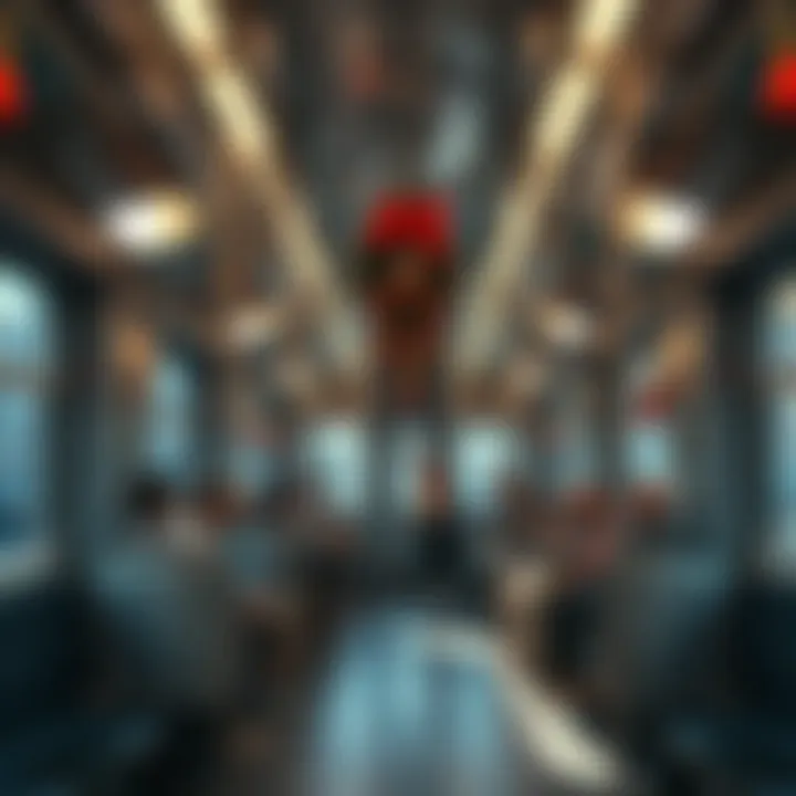 Interior view of a Bosnia metro train with people commuting and local decorations