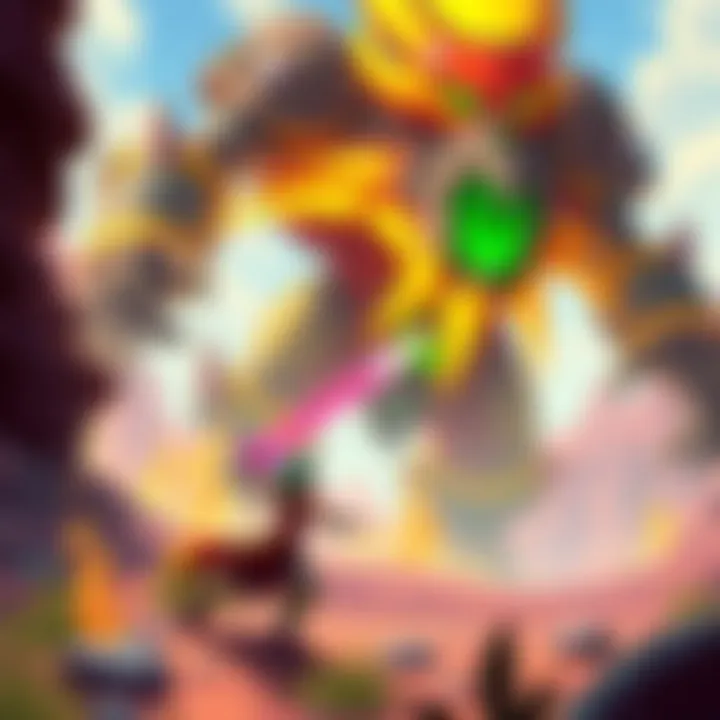 Boss Battle in Etherland Saga A character battles a giant boss in a vibrant setting from Etherland Saga, showcasing unique animations and gameplay mechanics.