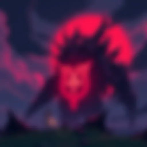 An illustration of the game boss standing tall with dark skies, showing hints of Ranni's symbol in the background, suggesting a link between them.