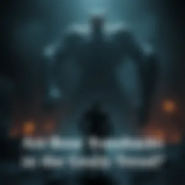 A warrior prepares to battle a large, intimidating boss in a dark, atmospheric environment with torches and stone walls