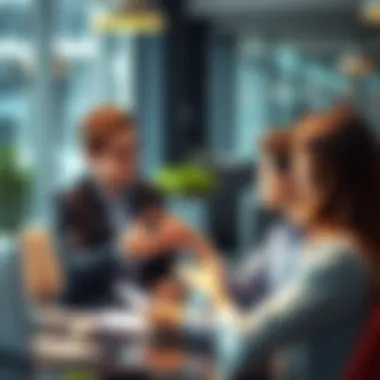 A manager is providing constructive feedback to a young professional in a modern office setting