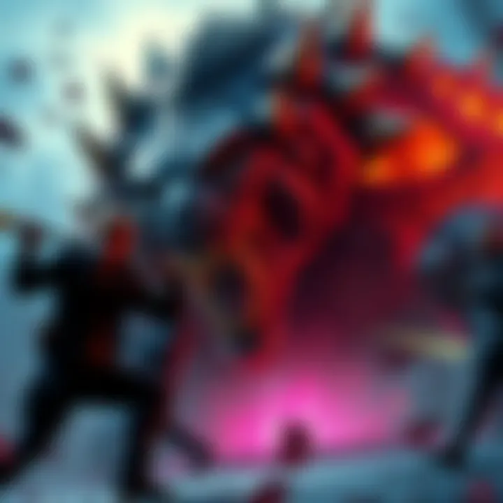 Boss Fight with Crashes A tense gaming scene showing players struggling against a large boss character, with visual glitches indicating crashes. Players look frustrated while facing the challenges of the hard end game mutation.